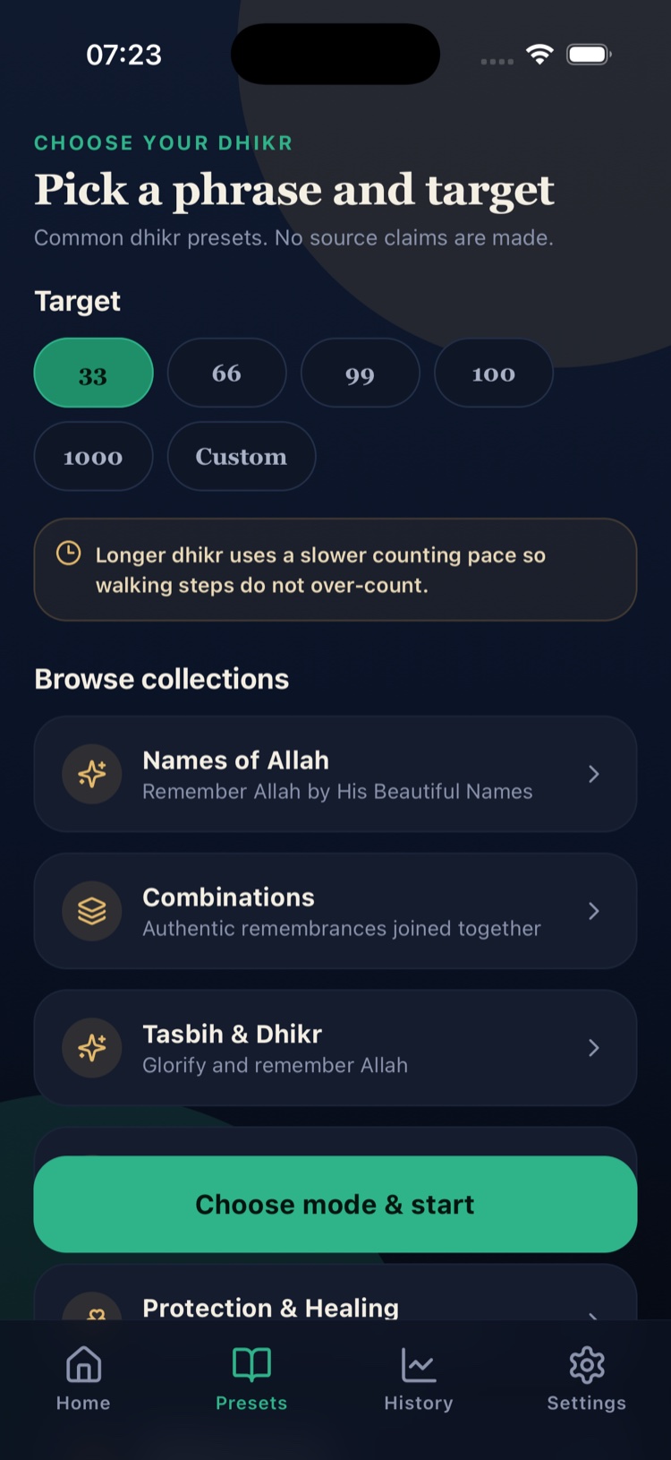 Walking Zikr screenshot 3, Choose your dhikr and target